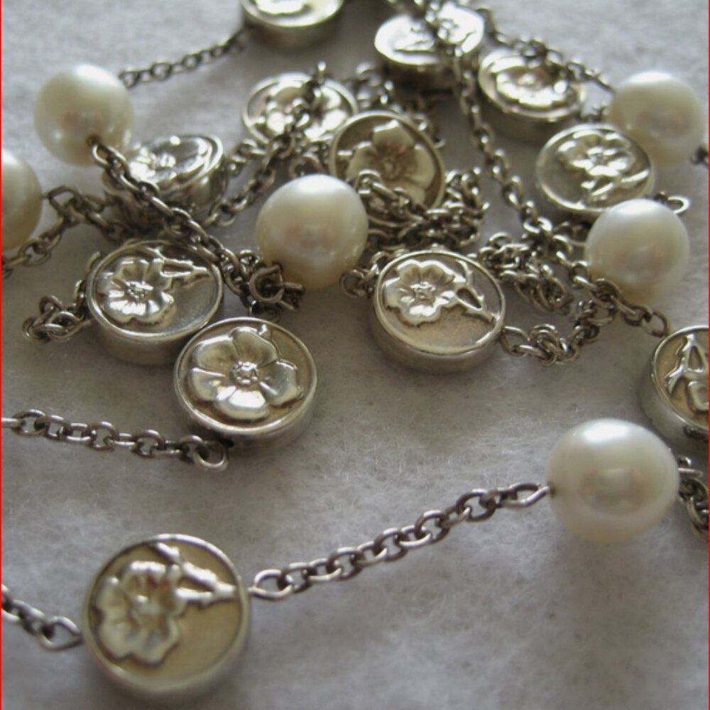Tiffany & Co 34" Pearl Necklace Nature Rose Sterling Silver with Case RARE